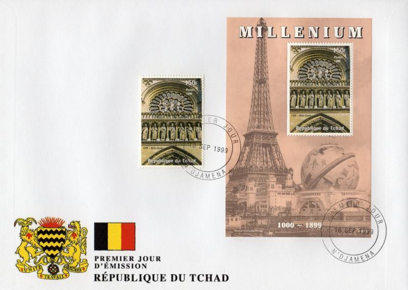 Chad 1999 MILLENNIUM NOTRE DAME DE PARIS set+s/s Perforated in Officiel FDC