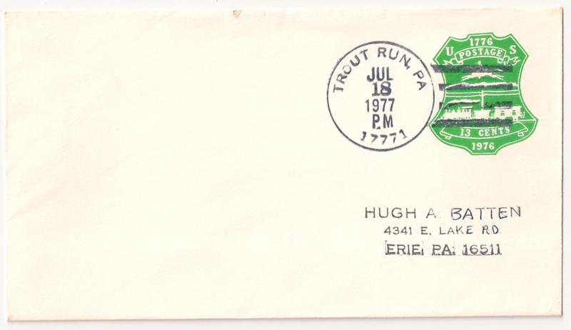 U582 with nice four bar Trout Run PA Jul 18 1977 postmark