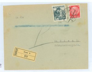 Austria 366 Mixed austrian-german franking on 10.V.38 registered cover with 12 pfo.red Germany (422).  Linz 10.v.38 to Wien.