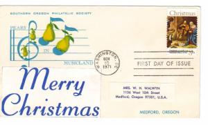 US 1444 8c Christmas Manger on FDC Oregon Philatelic Society Cachet ECV $10.00