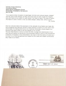 USPS 1st Day Ceremony Program #2040 German Immigration 300th Concord 1983
