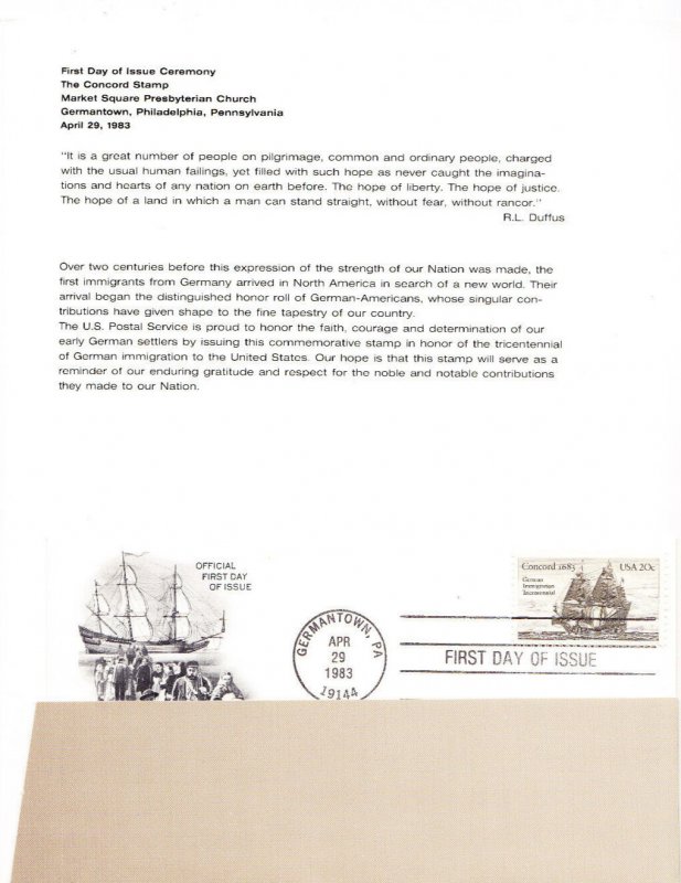 USPS 1st Day Ceremony Program #2040 German Immigration 300th Concord 1983