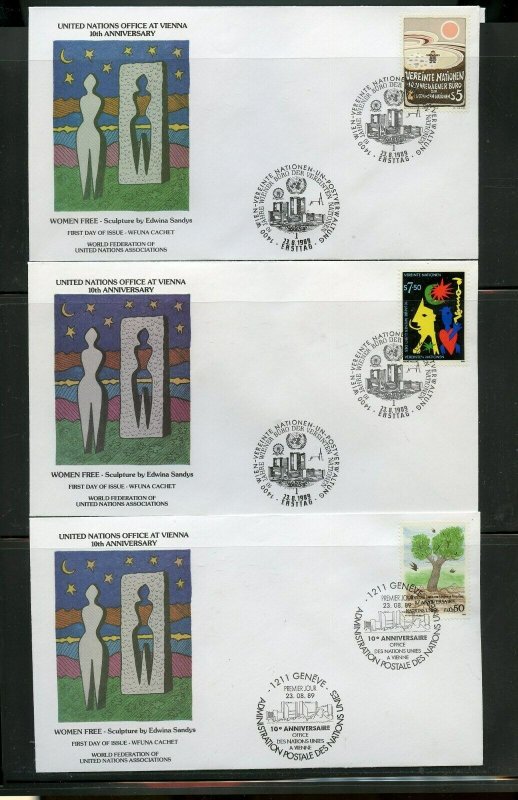 UN 1989  10th ANN VIENNA OFFICE 6 FDCS WFUNA CACHET ART BY EDWINA SANDYS