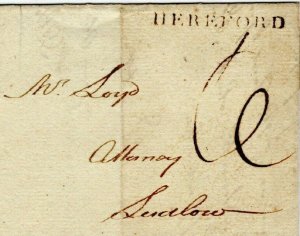 GB Herefords Cover *HEREFORD* Straight-Line Handstamp Ludlow EL 1801 MZ173 