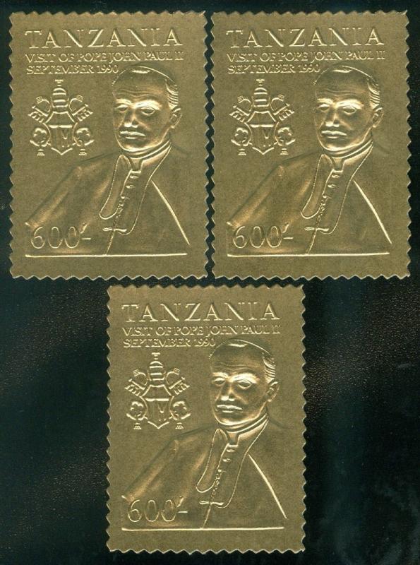 TANZANIA : 1990. Special Gold Foil 600 shilling value. Pope's Visit. 3 copies.