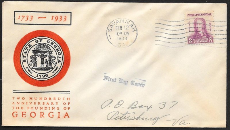 UNITED STATES FDC 3¢ Georgia Statehood 1933 Unidentified Cachet Savannah Cancel