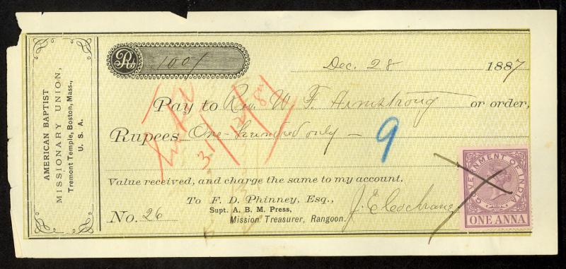 INDIA USED IN BURMA 1887 American Baptist Missionary Check w QV 1a Revenue