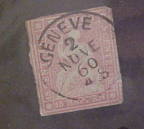 SWITZERLAND  STAMP #22  SOCKED ON NOSE GENEVA cat.$110.00  USED