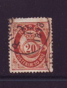 Norway Sc 27 1877 20 ore or brn Post Horn stamp used