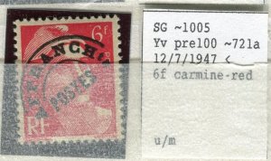 FRANCE; 1947 early PRE-OBLITERES issue fine MINT MNH unmounted, 6Fr.