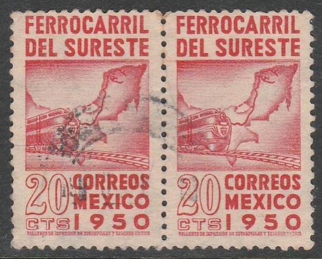 MEXICO 871, 20¢ Opening of Southeastern Railroad. Used HORIZ. PAIR. VF. (43)