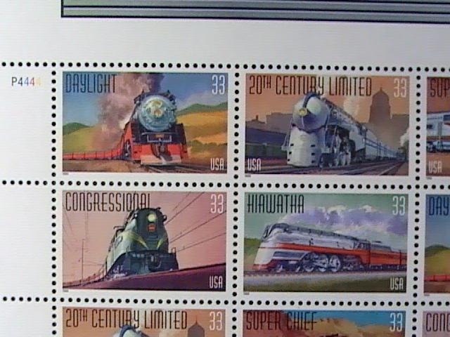 U.S.# 3333-3337(3337a)-MINT/NEVER HINGED-- PANE OF 20--FAMOUS TRAINS--1999