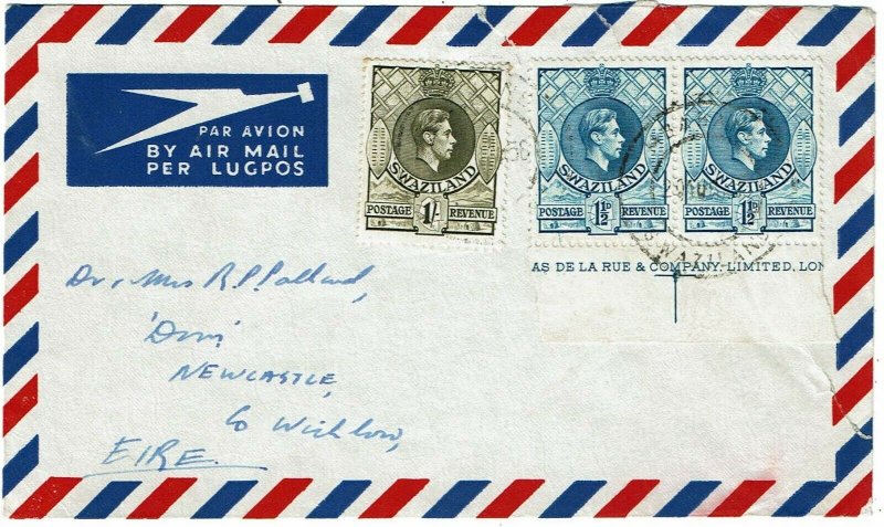 Swaziland 1956 Mbabane cancel on airmail cover to Ireland, imprint pair