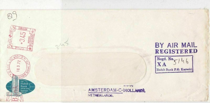 Pakistan 1972 Habib Bank Slogan Regd Airmail Meter Mail Stamps Cover Ref 29333