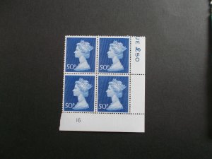 1970 50p Machin High Value in Plate Block of 4 (Plate 16) Phosphor Coated Paper