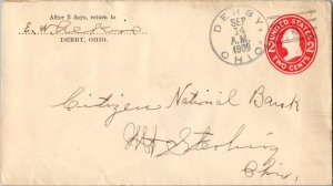 United States Ohio Derby 1909 doane 2/5  Postal Stationery Envelope.
