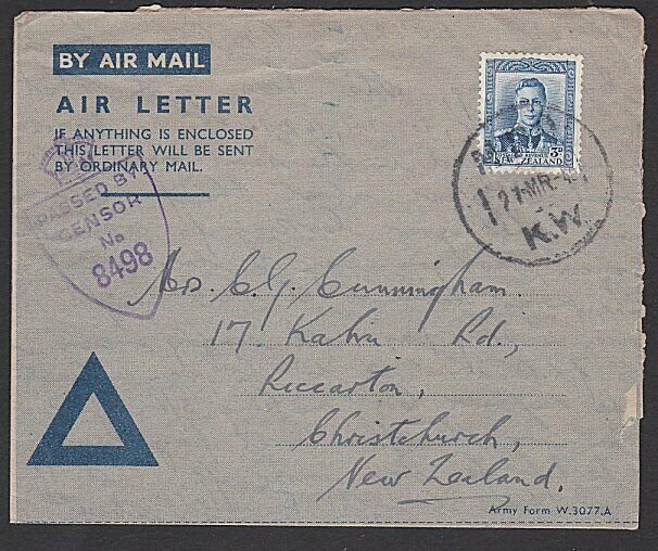 NEW ZEALAND FORCES IN EGYPT 1945 censor Army Form airletter used to NZ......K217