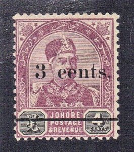 MALAYA, JOHORE SCOTT #26 USED 3c on 4c 1894 OVERPRINT