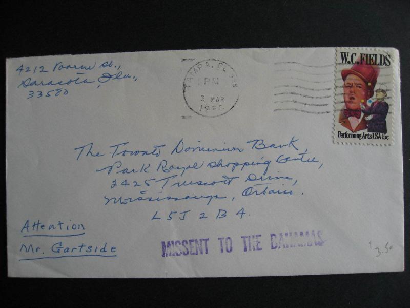 Missent to the Bahamas handstamp on USA to Canada cover, check it out!