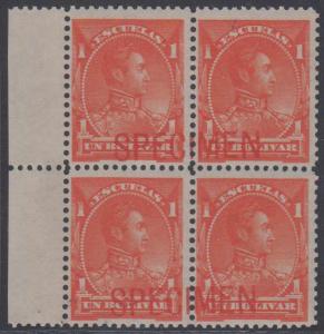 VENEZUELA 1882-88 ESCUELAS BOLIVAR Sc 83 MGNL BLOCKx4 PERF PROOF + SPECIMEN NH 