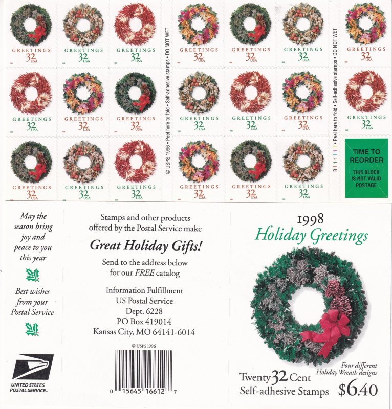U.S Sc# 3249 / 3252 32¢ Holiday Greetings1998 complete booklet sheet MNH CV $30.