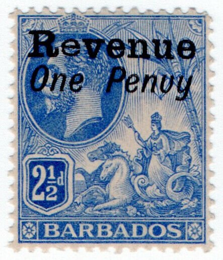 (I.B) Barbados Revenue : Duty Stamp 1d on 2½d OP (penuy variety)