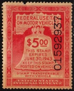 1942 US Scott #- RV6 $5.00 Motor Vehicle Use Tax Liberty Bell Unused