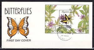 Guyana, Scott cat. E17. Butterflies, Express o/print s/sht. First day covers. ^