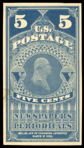 United States, Newspaper Stamps #PR4P4 Cat$75, 1865 5c blue, plate proof on c...