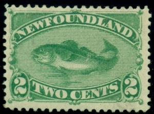 NEWFOUNDLAND #47 2c green, Cod Fish, og, hinged, VF, Scott $100.00