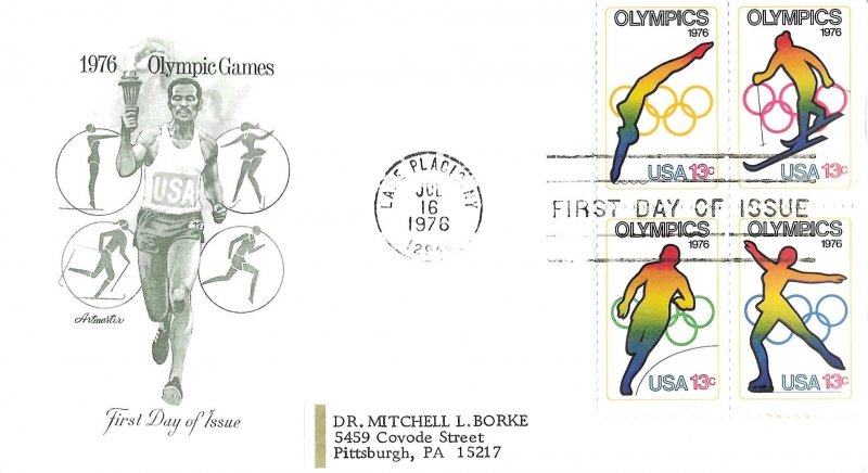 1976 FDC, #1698a, 13c Olympic Games, Artmaster, block of 4