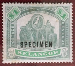 MALAYA SELANGOR 1895-99 SPECIMEN opt $1 Elephants SG#61s M3429