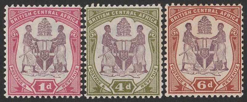 BRITISH CENTRAL AFRICA 1901 Arms New Colours set 1d, 4d & 6d.