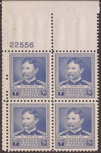 US Stamp - 1940 5c Famous American Dr. Walter Reed 4 Stamp Plate Block MNH #877