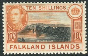 FALKLAND ISLANDS-1949 10/- Black & Red Orange lightly mounted mint Sg 162b