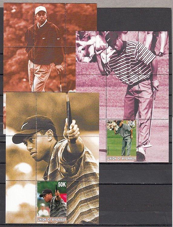 Myanmar, 2001 Local issue. Golfer Tiger Woods on 3 s/sheets. *