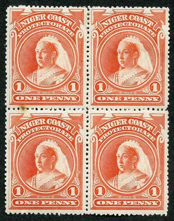 Niger Coast SG52a 1d Vermilion Block of Four no wmk Perf 14 Mint