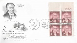 1959 FDC, #1138, 4c Ephraim McDowell, Art Craft, plate block of 4
