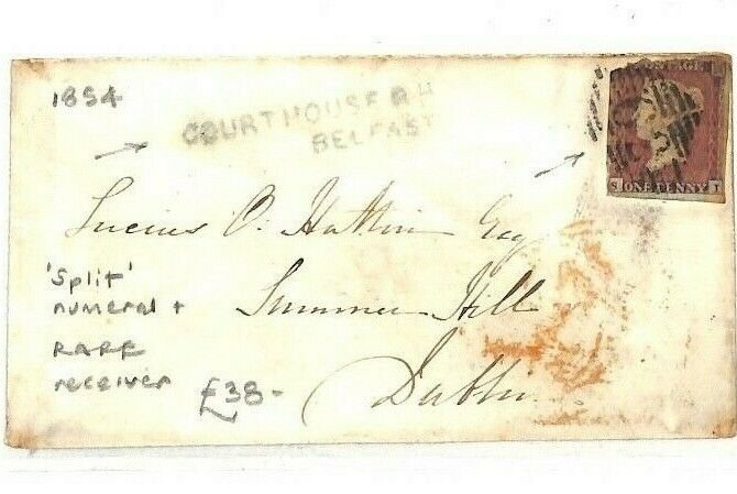 GB Ireland *COURTHOUSE BELFAST* Penny Red 1854 Cover SPLIT *62* Numeral AY28