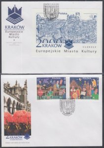 POLAND Sc # 3415-7 SET of 2 FDC, 2 STAMPS+ S/S with CRACOW the CULTURAL CAPITAL