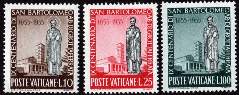 Vatican City SC#200-202 Basilica of Grottaferrata & St. Bartholomew (1955) MNH