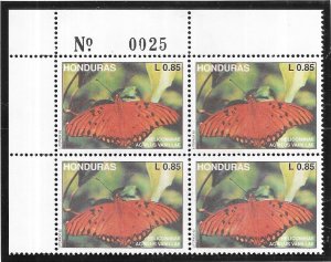 Honduras #371  85c Butterflies plate block of 4 (MNH) CV $5.00