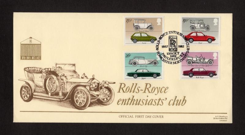 1982 CARS OFFICIAL FIRST DAY COVER + ROLLS ROYCE ENTHUSIASTS SPECIAL CANCELS
