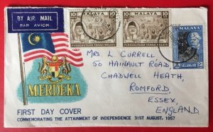 MALAYA FEDERATION 1957 MERDEKA FDC to Essex England M3581#