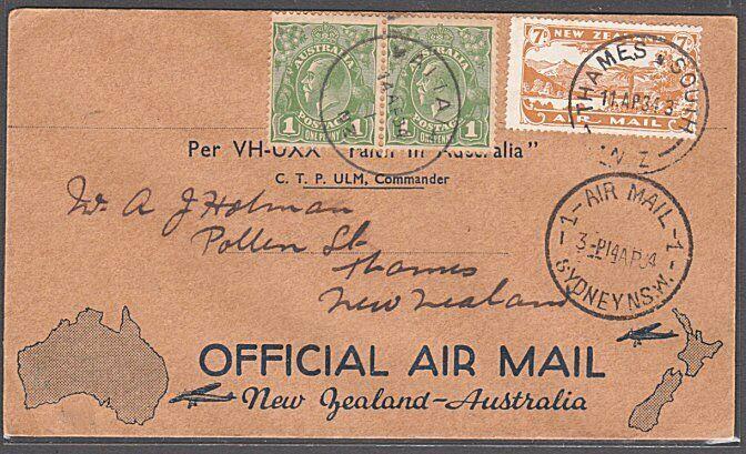 NEW ZEALAND TO AUSTRALIA 1934 Capt Ulm double flight cover.................55158