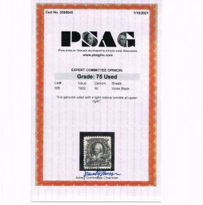 GENUINE SCOTT #306 USED 1902 PSAG CERT GRADED F-VF MARTHA WASHINGTON #15226