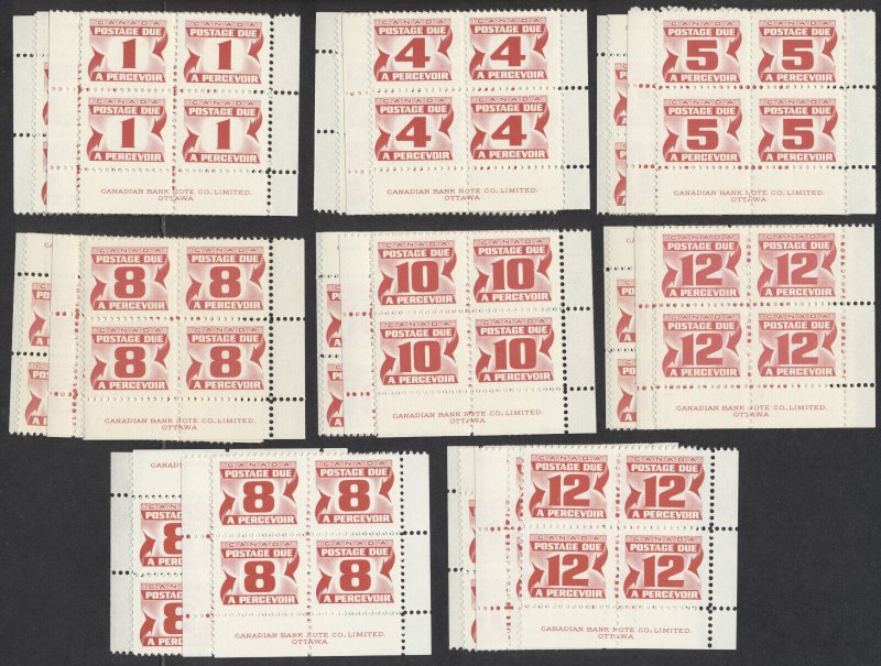 Canada #J28-J36iii 2nd Issue Red Dues 8 Matched Sets Plate Blocks VF NH