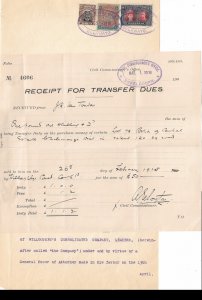 Rhodesia: 1916 Receipt for Transfer Dues w/4p, 2/S, & 1 Pound ... (HS1053)