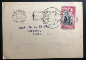 1935 Colombo Ceylon Tuan Mee Commercial Postcard cover To Coonoor India