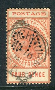 SOUTH AUSTRALIA; Early 1900s QV Stamp Duty ' SA ' Perfin Official 4d. + Postmark